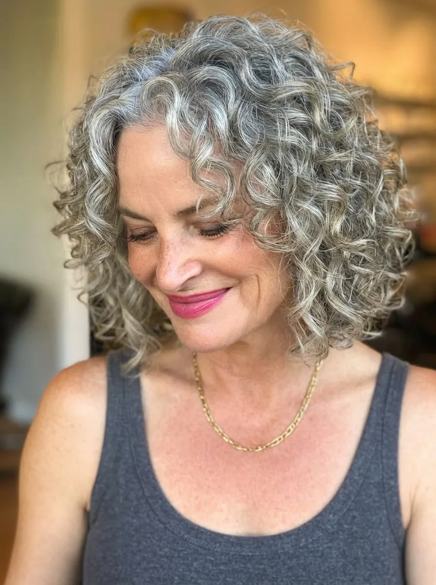 Silver Frost Curly Chin-Length Bob with Voluminous Bounce